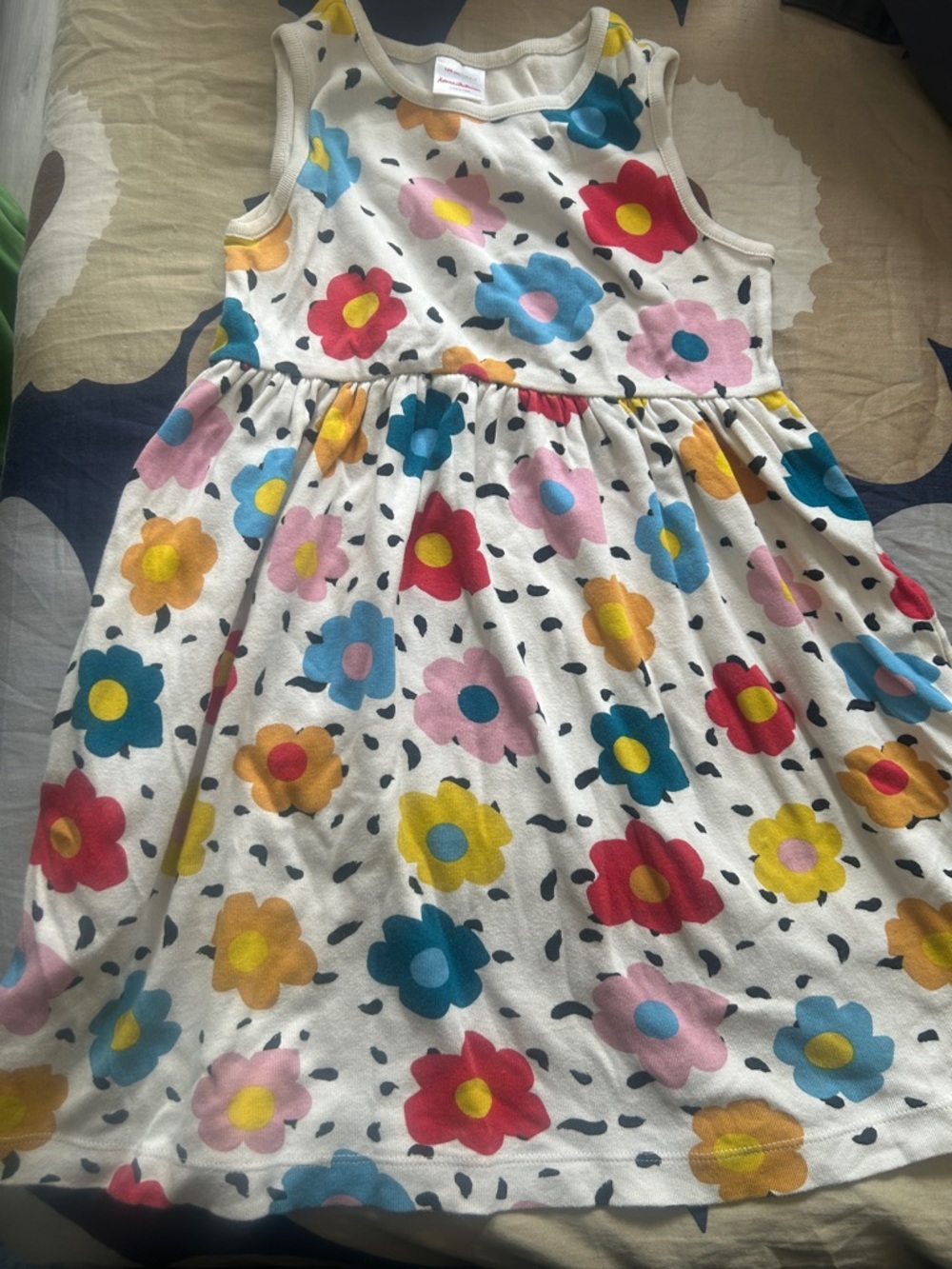 Girls Floral Print Sleeveless Dress - White with Multicolor Flowers